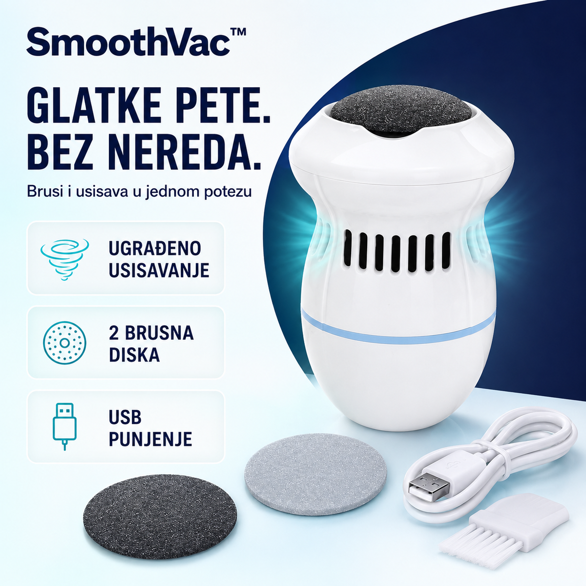 SmoothVac električna turpija s usisavanjem, dva diska i USB punjenje