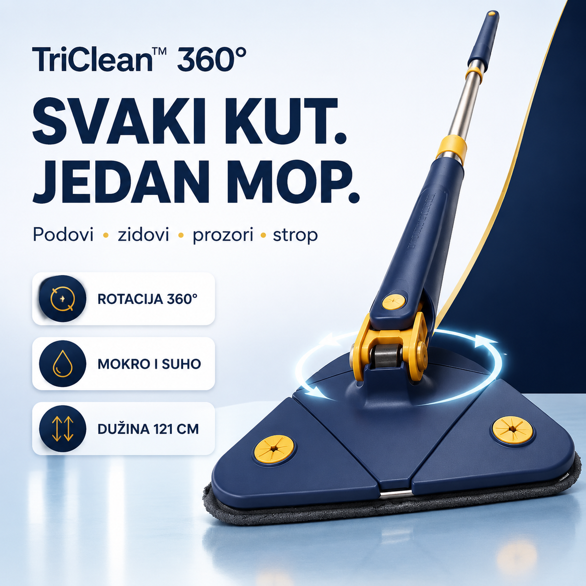 TriClean 360 trokutasti mop za podove zidove prozore i strop